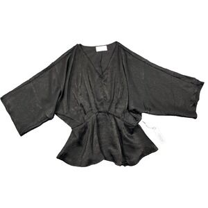 Six/Fifty Blouse Womens Medium Black Satin V Neck Dolman Peplum Hem Fairy Goth